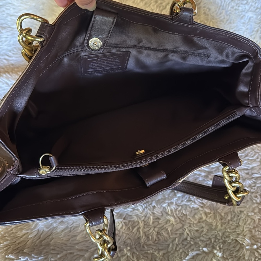 Coach Inlaid Brown Gold Patchwork Leather Chain Tote Bag F20013 - Picture 6 of 13